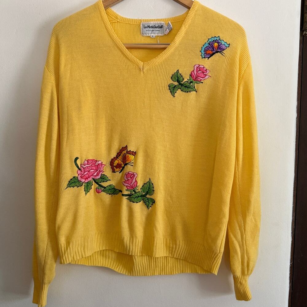 80s Vintage LA MODE DU GOLF Yellow Floral Butterfly Embroidered Golf Sweater L